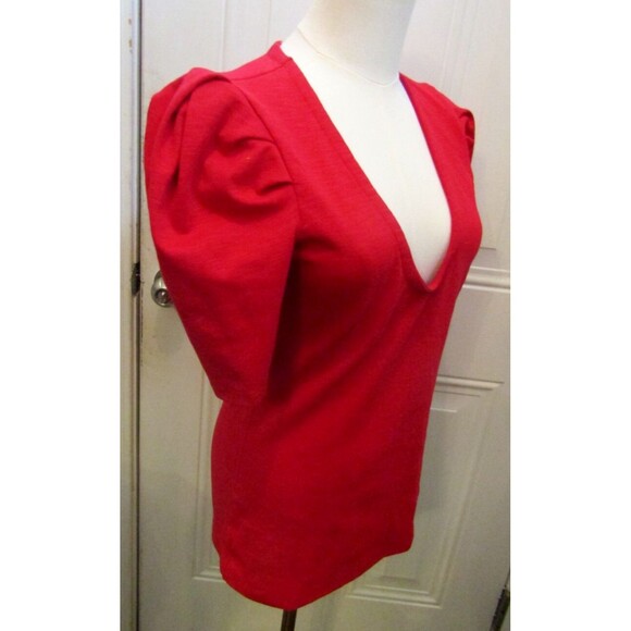 Free People Ellery Top Red Puff Sleeve Pullover Form Fitting NWOT Womens Size S - Picture 5 of 7